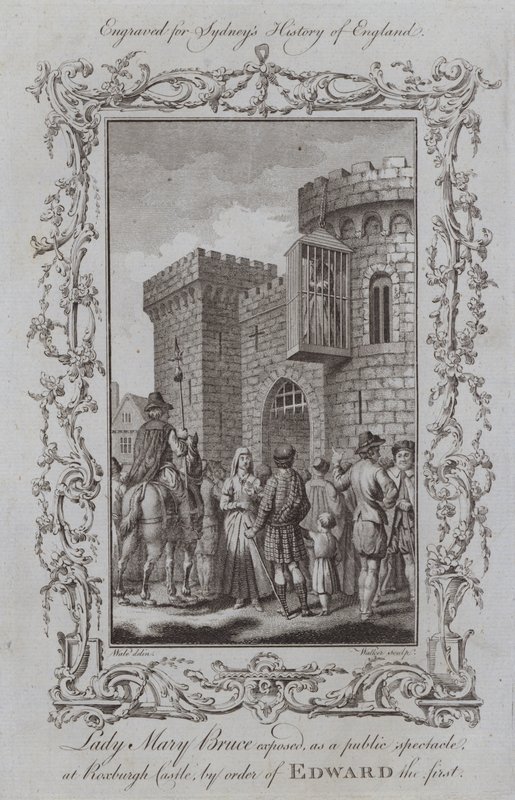 Lady Mary Bruce exponerade, som ett offentligt skådespel, på Roxburgh Castle, på order av Edward den första (gravyr) av Samuel (after) Wale