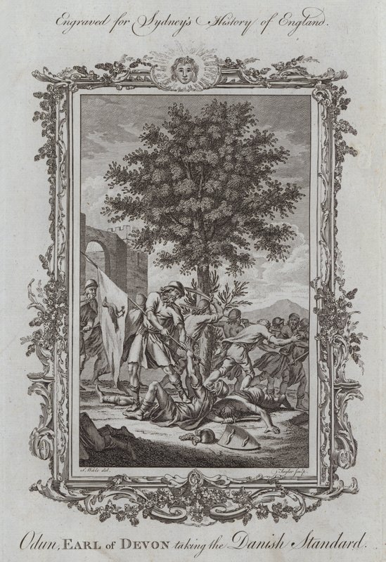 Odun, jarl av Devon tar den danska standarden (gravyr) av Samuel (after) Wale