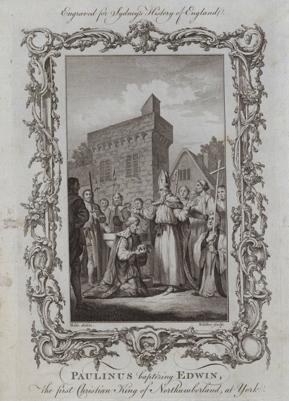 Paulinus döper Edwin, den första kristna kungen av Northumberland, i York (gravyr) av Samuel (after) Wale