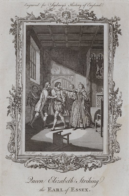 Drottning Elizabeth slår greven av Essex (gravyr) av Samuel (after) Wale