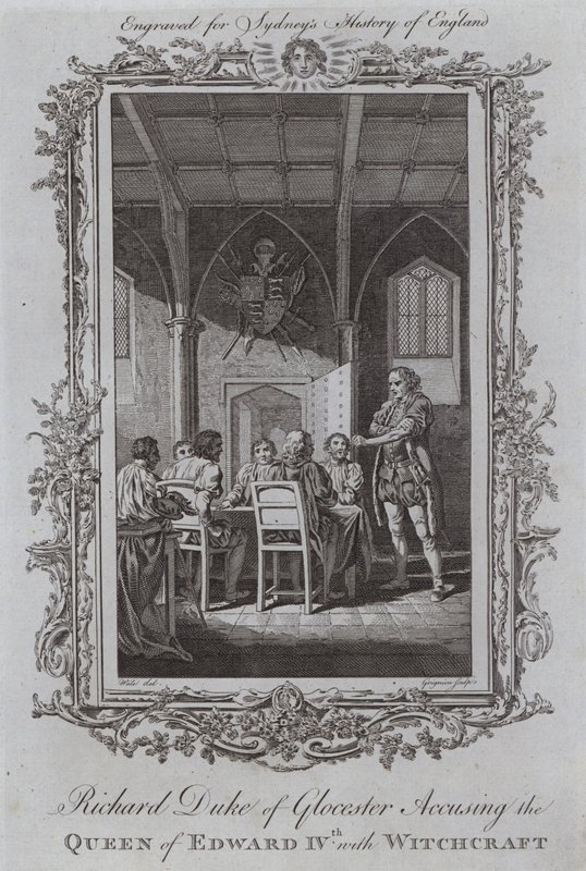 Richard hertig av Gloucester anklagar drottningen av Edward IV med häxkonst (gravyr) av Samuel (after) Wale