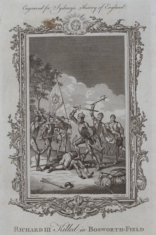 Richard III dödad i Bosworth-fältet (gravyr) av Samuel (after) Wale