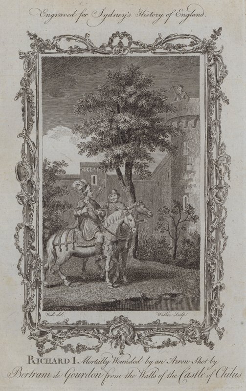 Richard I dödligt sårad av en pil skjuten av Bertram de Gourdon från murarna till slottet Chilus (gravyr) av Samuel (after) Wale
