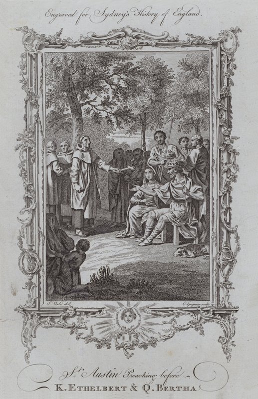 St Austin predikar före K Ethelbert och Q Bertha (gravyr) av Samuel (after) Wale