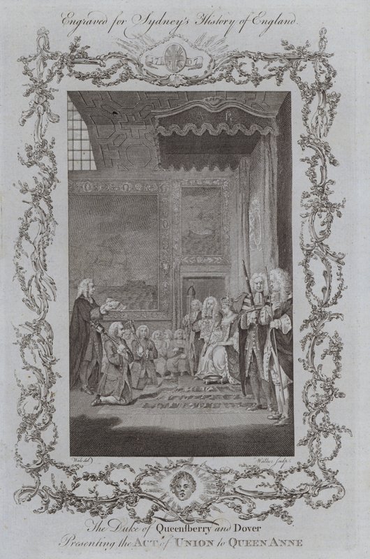 Hertigen av Queensberry och Dover presenterar unionsakten för drottning Anne (gravyr) av Samuel (after) Wale