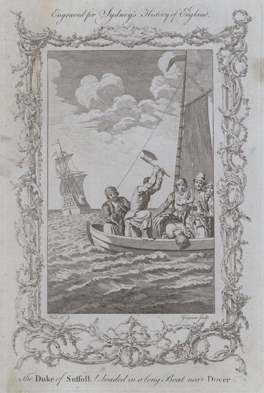 Hertigen av Suffolk halshöggs i en lång båt nära Dover (gravyr) av Samuel (after) Wale