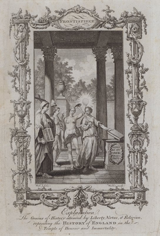 Historiens geni i närvaro av Liberty, Virtue och Religion, deponerar Englands historia i Temple of Honor and Immortality (gravyr) av Samuel (after) Wale