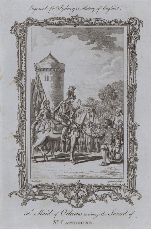 The Maid of Orleans tar emot St Catherines svärd (gravyr) av Samuel (after) Wale