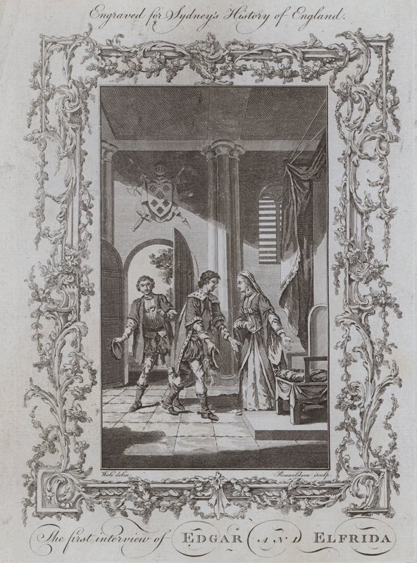Den första intervjun av Edgar och Elfrida (gravyr) av Samuel (after) Wale