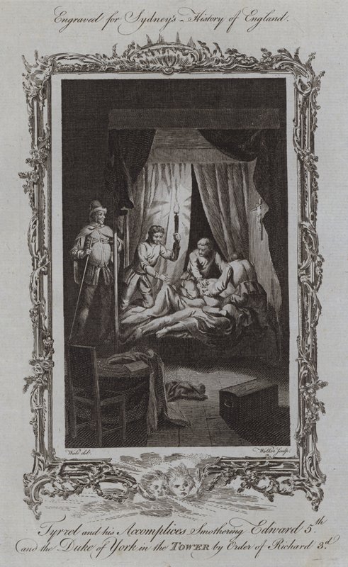 Tyrrel och hans medbrottslingar kväver Edward V och hertigen av York i tornet på order av Richard III (gravyr) av Samuel (after) Wale