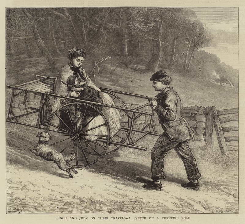 Punch och Judy på sina resor, en skiss på en Turnpike Road av Samuel Edmund Waller