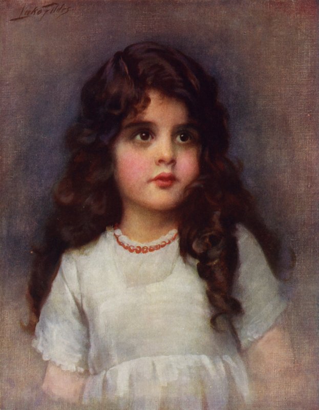 Lockiga lockar: porträtt av en vacker ung flicka med långt mörkt lockigt hår (litofärg) av Samuel Luke (after) Fildes
