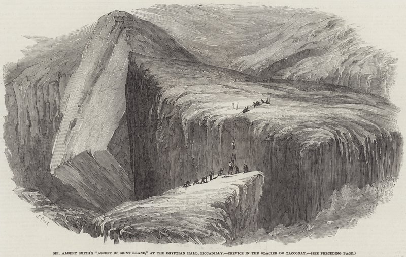 Mr Albert Smiths bestigning av Mont Blanc, vid Egyptian Hall, Piccadilly, spricka i Glacier du Tacconay av Samuel Read