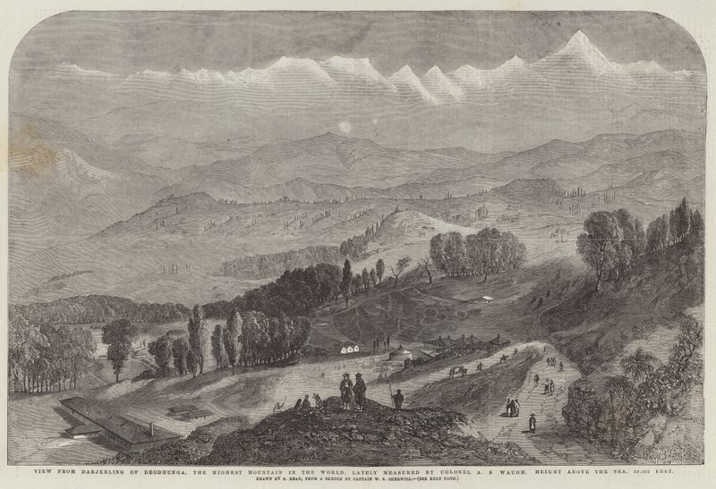 Utsikt från Darjeeling av Deodhunga, det högsta berget i världen, nyligen uppmätt av överste A S Waugh, Höjd över havet, 29002 fot av Samuel Read