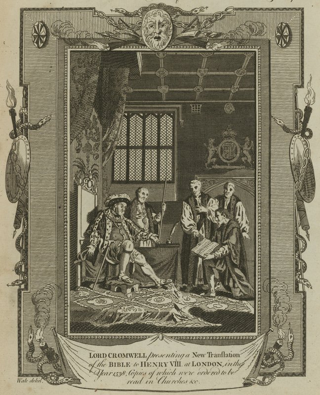 Lord Cromwell presenterar en ny översättning av Bibeln för kung Henry VIII i London år 1538 av Samuel Wale