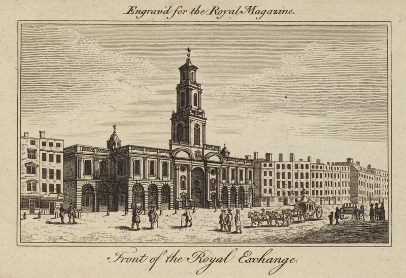 Framsidan av Royal Exchange i City of London av Samuel Wale