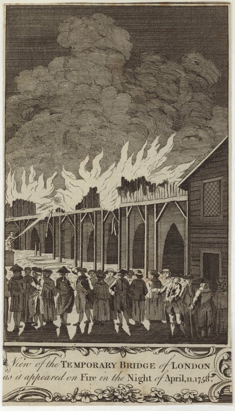 Utsikt över den tillfälliga bron i London när den såg ut i brand natten till den 11 april 1758 av Samuel Wale