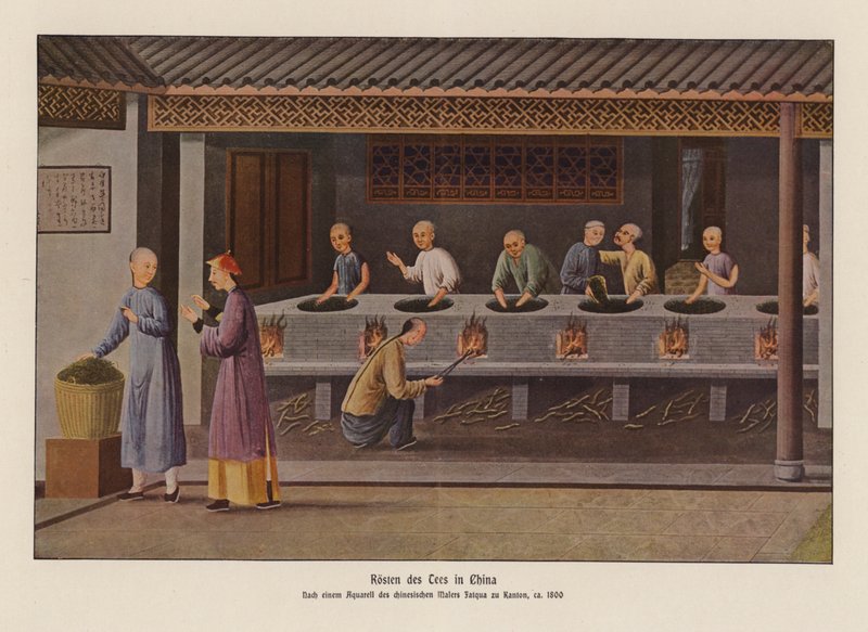 Rostning av te i Kina (färglitografi) av School Chinese