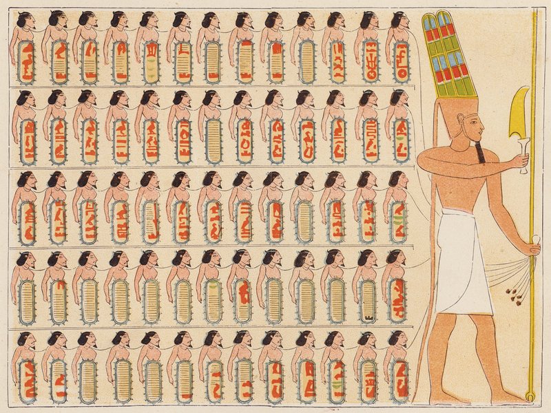 Den fornegyptiske faraon Shoshenq I leder sin armé (färglitografi) av School Egyptian