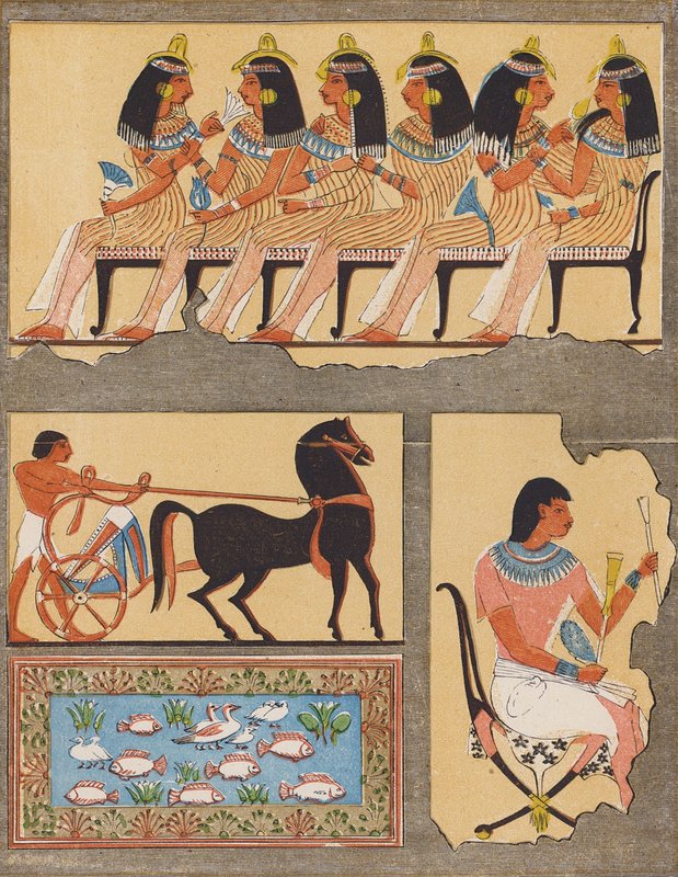 Fresker från en fornegyptisk grav, Thebe (färglitografi) av School Egyptian