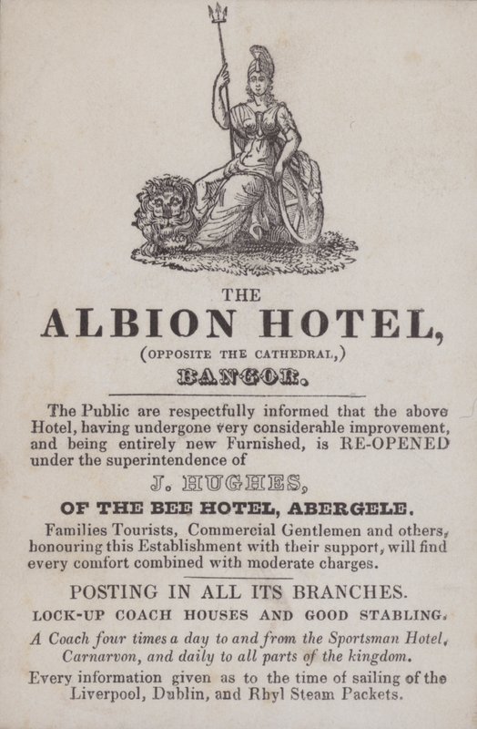 Annons för Albion Hotel, Bangor, North Wales (gravyr) av School Welsh
