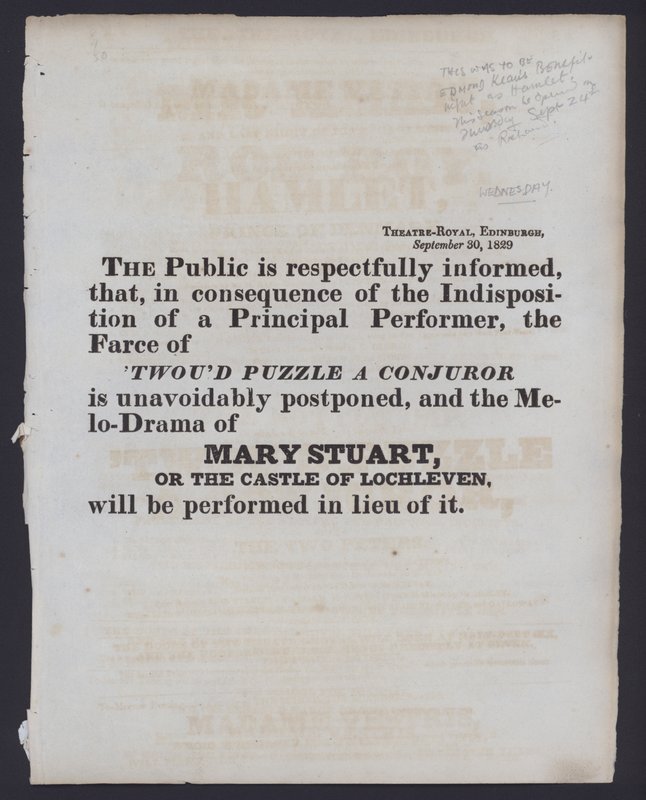 Meddelande om en ändring av den fakturerade föreställningen på Theatre Royal, Edinburgh, 30 september 1829 (litho) av Scottish School
