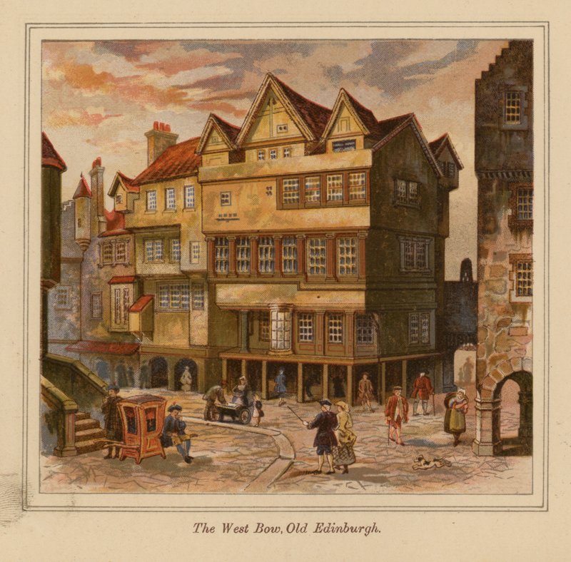 The West Bow, Gamla Edinburgh (färglitografi) av Scottish School