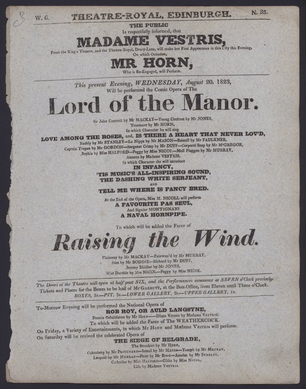 Teaterprogram för Theatre Royal, Edinburgh, 20 augusti 1823 (litho) av Scottish School