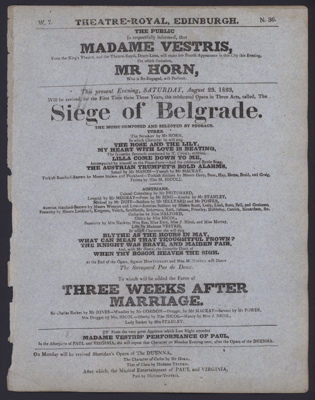 Teaterprogram för Theatre Royal, Edinburgh, 23 augusti 1823 (litho) av Scottish School