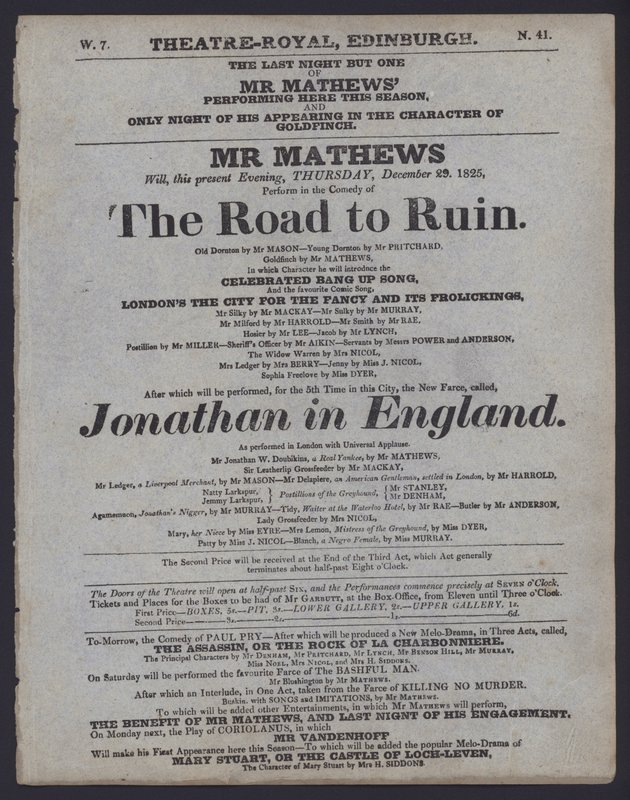 Teaterprogram för Theatre Royal, Edinburgh, 29 december 1825 (litho) av Scottish School