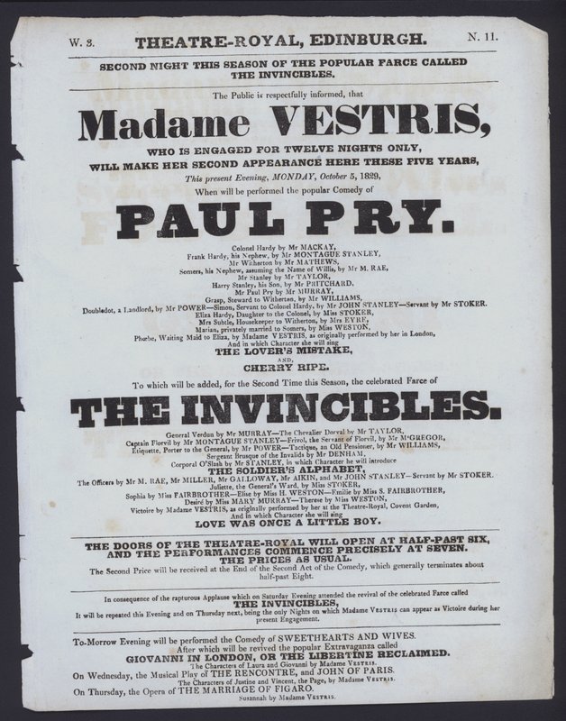 Teaterprogram för Theatre Royal, Edinburgh, 5 oktober 1829 (litho) av Scottish School