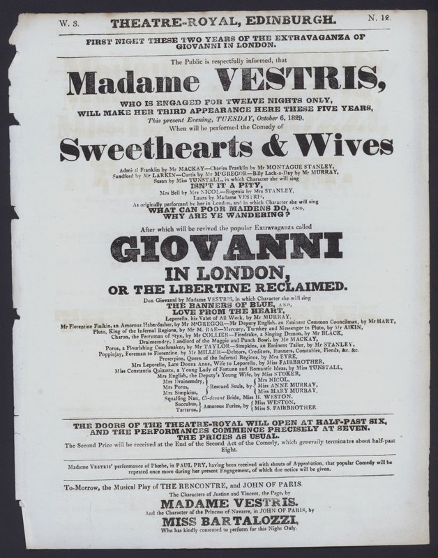 Teaterprogram för Theatre Royal, Edinburgh, 6 oktober 1829 (litho) av Scottish School
