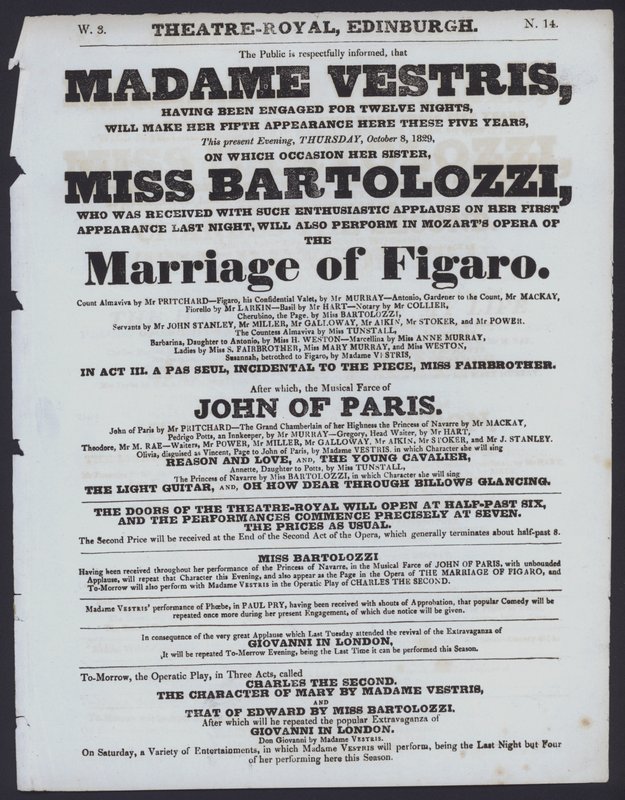 Teaterprogram för Theatre Royal, Edinburgh, 8 oktober 1829 (litho) av Scottish School