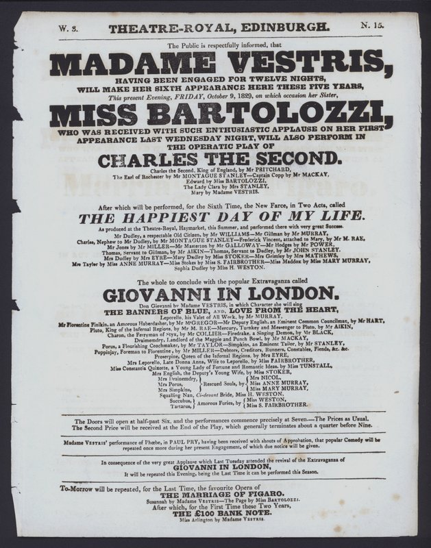 Teaterprogram för Theatre Royal, Edinburgh, 9 oktober 1829 (litho) av Scottish School