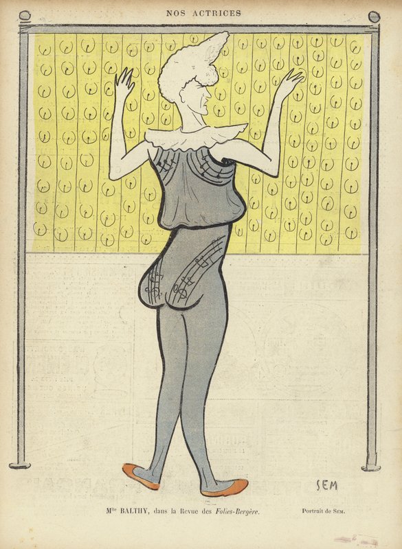 Louise Balthy, fransk skådespelerska, på Folies-Bergere, illustration för Le Rire av Sem