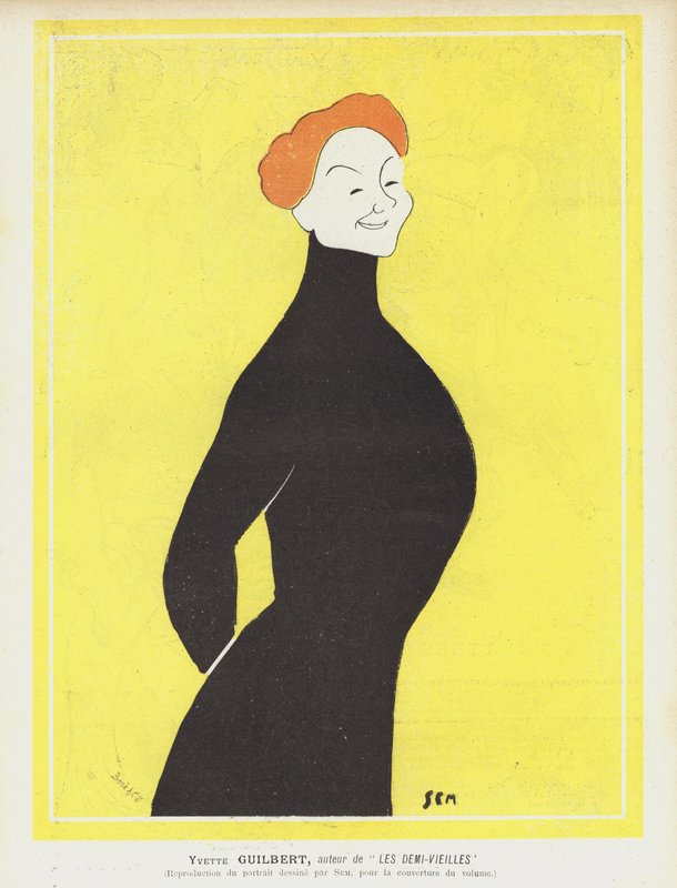 Yvette Guilbert, fransk kabarésångerska och skådespelerska. Illustration för Le Rire av Sem
