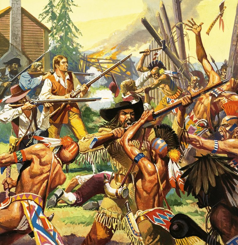 Daniel Boone försvarar en gård i Kentucky mot angripande indianer av Severino Baraldi