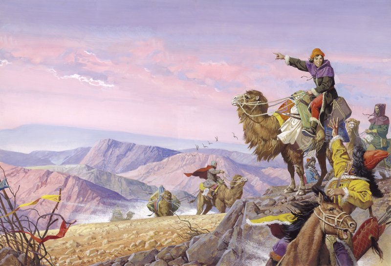 Marco Polo på den långa vägen till Cathay, 1900-talet (gouache på papper) av Severino Baraldi