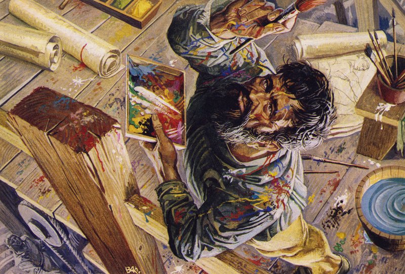 Michelangelo arbetar på taket i Sixtinska kapellet (färglitografi) av Severino Baraldi