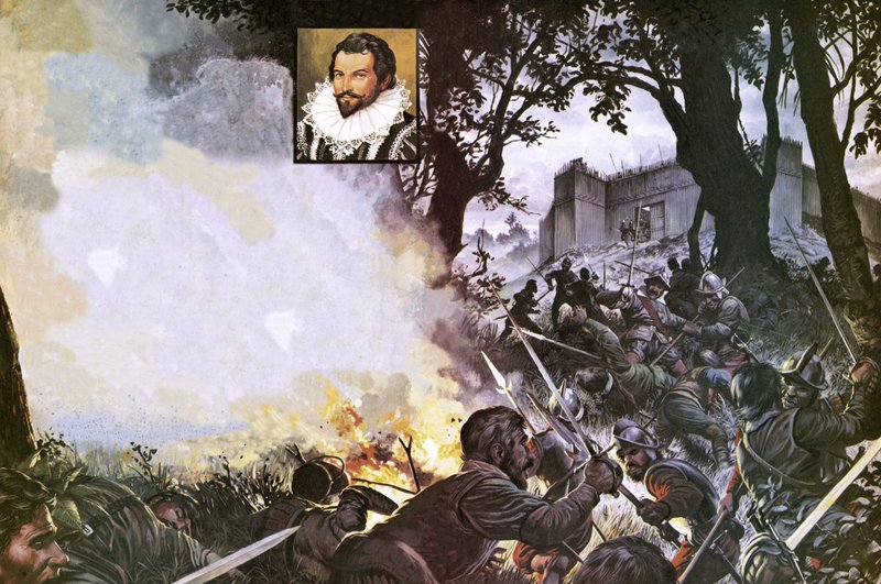 Sir Walter Raleighs män anfaller ett spanskt fort av Severino Baraldi