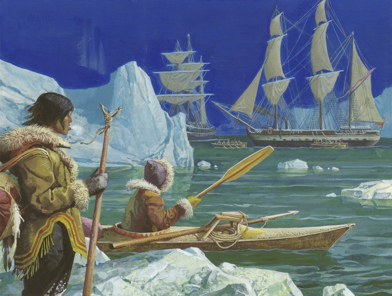 Oidentifierad bild av eskimåer (en i kajak) med segelfartyg i bakgrunden av Severino Baraldi