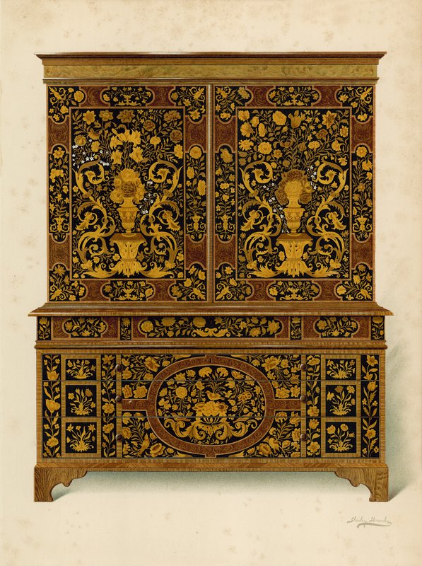 Skåppress inlagd med Marqueterie, egendom av Marquess of Exeter (chromolitho) av Shirley Charles Llewellyn Slocombe