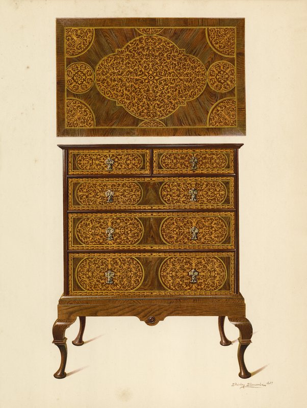 Byrå inlagd med Marqueterie (chromolitho) av Shirley Charles Llewellyn Slocombe
