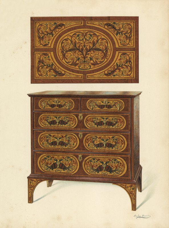 Byrå inlagd med Marqueterie (chromolitho) av Shirley Charles Llewellyn Slocombe