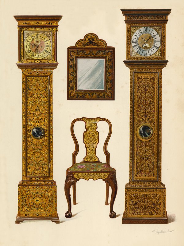 Klocka inlagd med ljust inta, egendom av Percy Macquoid; Klocka inlagd med Dark Marqueterie, Victoria and Albert Museum; Valnötsstol inlagd med Marqueterie; Spegel (chromolitho) av Shirley Charles Llewellyn Slocombe