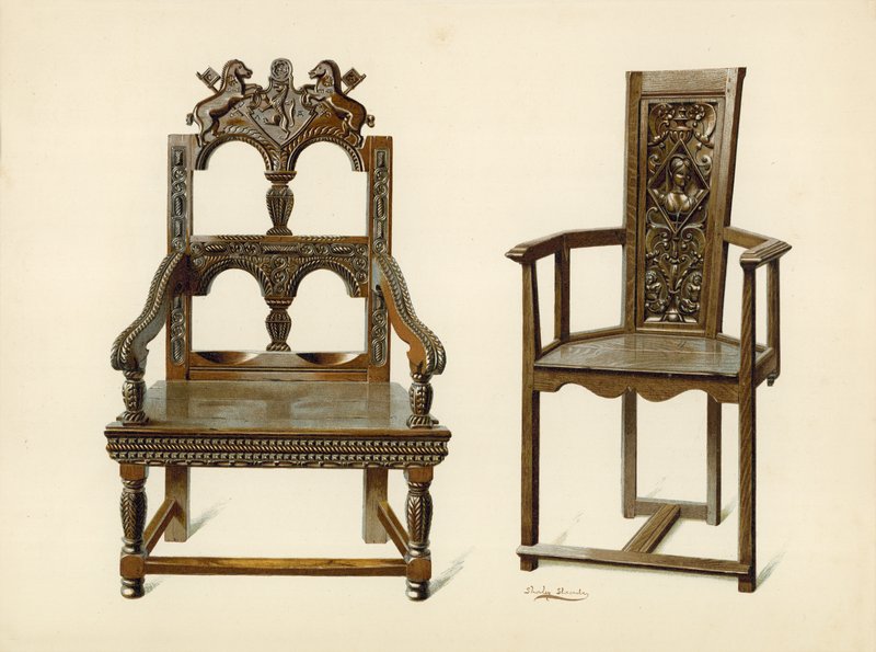 Cacqueteuse-stol i ek, Percy Macquoids egendom; stol i idegran, hertigens av Leeds egendom (kromolitho). av Shirley Charles Llewellyn Slocombe