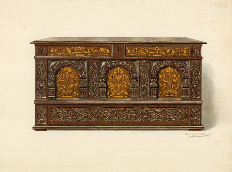 Oak Inlaid Chest, egendom av Arthur James (chromolitho) av Shirley Charles Llewellyn Slocombe