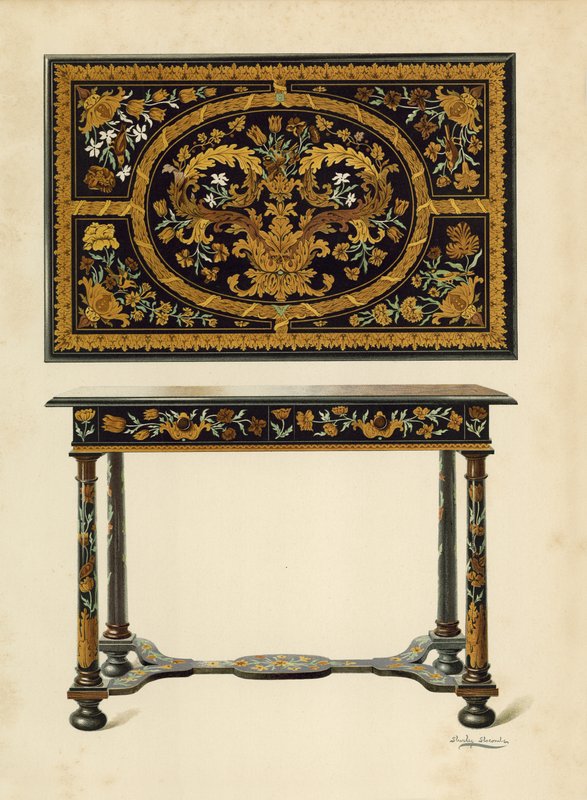 Bord med inläggningar av marqueterie, tillhörande Lord Zouche of Haryngworth (kromolit) av Shirley Charles Llewellyn Slocombe