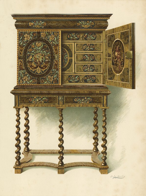 Valnötsskåp inlagt med Marqueterie, egendom av The Hon Charlotte Maria Lady North och R Eden Dickson (chromolitho) av Shirley Charles Llewellyn Slocombe