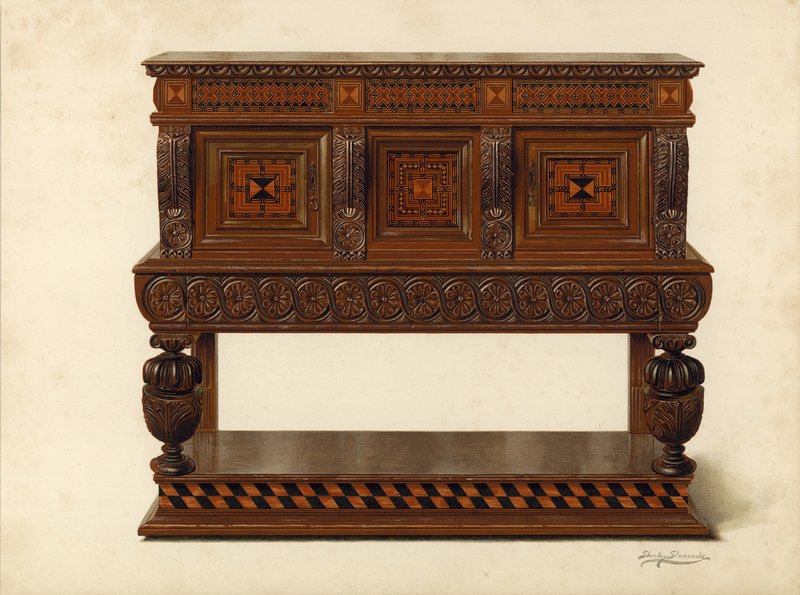 Valnöt och ek stående buffé, egendom av Percy Macquoid (chromolitho) av Shirley Charles Llewellyn Slocombe